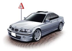 Rule 34 | absurdres, bmw, bmw 3 series, bmw e46, car, commission, grey car, highres, making-of available, motor vehicle, no humans, original, photo-referenced, road sign, second-party source, sh1m4o, shadow, sign, vehicle focus