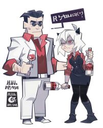 Rule 34 | 1boy, 1girl, alcohol, black hair, black pantyhose, demon girl, full body, helltaker, helltaker (character), highres, hillmyna, horns, jacket, malina (helltaker), pantyhose, red shirt, shirt, short hair, simple background, sunglasses, twitter, white background, white hair, white jacket