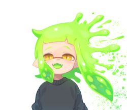Rule 34 | 1girl, :d, asymmetrical hair, black sweater, colored tongue, fangs, green hair, green tongue, inkling, inkling girl, inkling player character, long hair, looking at viewer, nintendo, open mouth, pixiv13691592, pointy ears, smile, solo, splatoon (series), splatoon 2, sweater, tentacle hair, upper body, yellow eyes