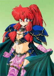 Rule 34 | 1990s (style), 1girl, armor, blue eyes, branmarker, cape, cowboy shot, gloves, green background, hair tubes, high ponytail, highres, holding, holding cape, holding clothes, long hair, looking at viewer, navel, non-web source, official art, pauldrons, pelvic curtain, pink gloves, pink thighhighs, red hair, retro artstyle, scan, shami (branmarker), shoulder armor, sidelocks, simple background, smile, solo, thighhighs