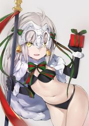 Rule 34 | 1girl, ahoge, bell, bikini, black bikini, black gloves, bow, box, breasts, capelet, christmas, commentary request, elbow gloves, fate/grand order, fate (series), gift, gift box, gloves, grey background, grey hair, groin, hair bell, hair ornament, hair ribbon, headpiece, helmet, highres, holding, holding gift, jeanne d&#039;arc (fate), jeanne d&#039;arc alter (fate), jeanne d&#039;arc alter santa lily (fate), long hair, looking at viewer, navel, open mouth, ribbon, silver (chenwen), small breasts, solo, striped ribbon, swimsuit, yellow eyes