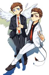Rule 34 | 2boys, angel wings, blue eyes, brown eyes, brown hair, demon tail, dual persona, evil morty, eyepatch, feathered wings, formal, highres, morty smith, multiple boys, rick and morty, short hair, suit, tail, white wings, wings, xiaoming (724536206)