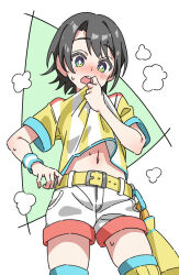 Rule 34 | 1girl, belt, blue wristband, flower 035, green background, green eyes, highres, hololive, lifting own clothes, megaphone, navel, oozora subaru, oozora subaru (1st costume), open mouth, shirt, short sleeves, shorts, socks, solo, steam, striped clothes, striped wristband, sweatband, teeth, thighhighs, triangle, upper teeth only, vertical-striped clothes, virtual youtuber, white background, white shirt, white shorts, white wristband, wristband, yellow belt, yellow shirt, yellow socks