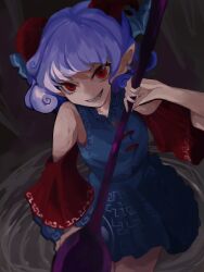 Rule 34 | 1girl, bare shoulders, blue dress, blue ribbon, breasts, curly hair, detached sleeves, dress, from above, grey hair, highres, holding, holding spoon, horn ornament, horn ribbon, horns, medium hair, petroleum, pointy ears, red eyes, ribbon, ripples, rogichange, small breasts, solo, spoon, touhou, toutetsu yuuma, tsurime, v-shaped eyebrows