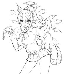 Rule 34 | 1girl, cellphone, dragon, dragon girl, dragon tail, greyscale, halo, hand on own hip, hera-ur (p&amp;d), hera (p&amp;d), horns, monochrome, phone, pointy ears, puzzle &amp; dragons, simple background, skirt, solo, tail, white background, zaxwu