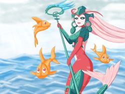 Rule 34 | 1girl, alternate costume, armor, bad id, bad pixiv id, black sclera, blue eyes, colored sclera, cream cod, fish, headdress, koi nami, league of legends, mermaid, monster girl, nami (league of legends), ocean, open mouth, scales, solo, staff, tail, water, weapon