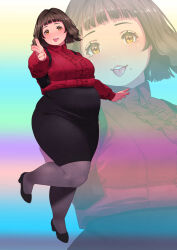 Rule 34 | 1girl, akina bbw, blush, breasts, brown hair, commentary request, fat, full body, gradient background, highres, large breasts, long sleeves, looking at viewer, open mouth, original, pantyhose, solo, standing, tareme, thick thighs, thighs, zoom layer