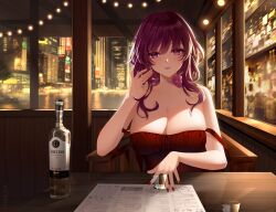 Rule 34 | 1girl, alcohol, bottle, breasts, closed mouth, collarbone, cup, double strap slip, dress, drinking glass, flower, highres, honkai: star rail, honkai (series), kafka (honkai: star rail), large breasts, lights, lips, long hair, lyusiola, menu, neck flower, neon lights, purple eyes, purple flower, purple hair, red dress, red nails, reflection, shot glass, solo, table, upper body, wooden floor
