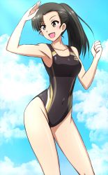 Rule 34 | 1girl, :d, alternate costume, alternate hairstyle, armpits, asymmetrical bangs, black eyes, black hair, black one-piece swimsuit, competition swimsuit, contrapposto, feet out of frame, girls und panzer, highres, long hair, looking to the side, nishi kinuyo, omachi (slabco), one-piece swimsuit, open mouth, ponytail, smile, solo, swimsuit