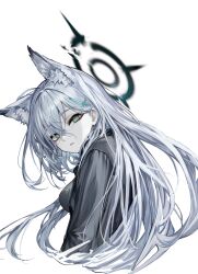 Rule 34 | 1girl, animal ear fluff, animal ears, black shirt, blue archive, breasts, commentary request, cross hair ornament, green eyes, hair between eyes, hair ornament, halo, highres, long hair, long sleeves, looking at viewer, medium breasts, parted lips, shiroko (blue archive), shiroko terror (blue archive), shirt, simple background, solo, suujiniku, upper body, white background, white hair