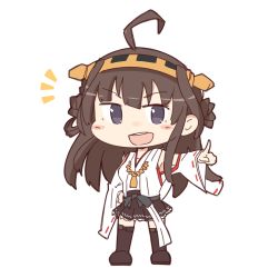 Rule 34 | 10s, 1girl, ahoge, blush stickers, boots, brown hair, chibi, erua, full body, hand on own hip, honda takashi (enorea), kantai collection, kongou (kancolle), long hair, nontraditional miko, open mouth, pleated skirt, pointing, purple eyes, simple background, skirt, solo, white background