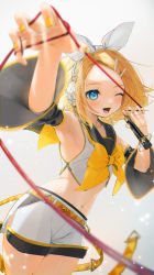 Rule 34 | 1girl, ;d, armpits, bare shoulders, belt, black sleeves, blonde hair, blue eyes, blush, cable, commentary, cowboy shot, crop top, detached sleeves, flat chest, gotou (nekocat), hair ornament, hair ribbon, hairclip, headphones, highres, holding, holding cable, kagamine rin, kagamine rin (vocaloid4), looking at viewer, microphone, midriff, nail polish, navel, neck ribbon, one eye closed, open mouth, parted bangs, ribbon, sailor collar, shirt, short hair, short shorts, shorts, simple background, sleeveless, sleeveless shirt, smile, solo, standing, vocaloid, white background, white ribbon, white shirt, white shorts, yellow belt, yellow nails, yellow ribbon