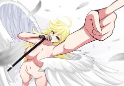 Rule 34 | 1girl, ahoge, angel, angel wings, blonde hair, blue eyes, breasts, censored nipples, completely nude, convenient censoring, feathers, foreshortening, from above, hair between eyes, hand up, highres, holding, holding microphone, large breasts, long hair, microphone, microphone stand, music, navel, nude, panty &amp; stocking with garterbelt, panty (psg), pointing, pointing up, shiny skin, singing, stomach, the only shoe, thighs, very long hair, white feathers, wings