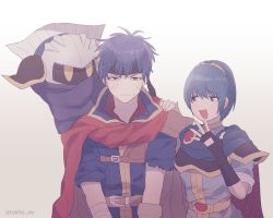 Rule 34 | armor, blue eyes, blue hair, blush, cape, fingerless gloves, fire emblem, fire emblem: mystery of the emblem, fire emblem: path of radiance, gloves, hair ornament, headband, ike (fire emblem), jewelry, kirby (series), laughing, male focus, marth (fire emblem), mask, meta knight, multiple boys, nintendo, open mouth, ragnell, short hair, simple background, smile, super smash bros., tiara, tokika asr, wings, yellow eyes