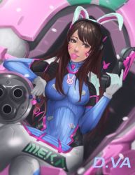 Rule 34 | 1girl, acronym, animal ear headphones, animal ears, arm cannon, armor, blue bodysuit, bodysuit, boots, bracer, breasts, brown eyes, brown hair, blowing bubbles, candy, character name, charm (object), chewing gum, covered navel, crossed legs, d.va (overwatch), eyelashes, facepaint, facial mark, fake animal ears, food, gatling gun, gloves, gun, hand up, headphones, legs together, lollipop, long hair, long sleeves, matching hair/eyes, mecha, medium breasts, meka (overwatch), ocetee, overwatch, overwatch 1, pauldrons, pilot suit, rabbit ear headphones, rabbit ears, ribbed bodysuit, robot, shoulder armor, shoulder pads, sitting, skin tight, smile, solo, thigh boots, thigh strap, thighhighs, turtleneck, weapon, whisker markings, white footwear, white gloves