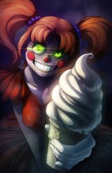 Rule 34 | 1girl, circus baby (fnaf), blush stickers, breasts, clown, colored skin, creepy, dessert, five nights at freddy&#039;s, five nights at freddy&#039;s: sister location, food, glowing, glowing eyes, green eyes, highres, holding, ice cream, looking at viewer, orange hair, robot, ryuudaiga, short hair, simple background, smile, solo, teeth, twintails, white skin
