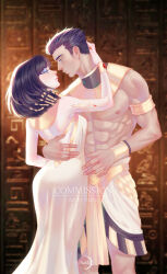 Rule 34 | 1boy, 1girl, abs, aged up, arm around waist, batman (series), black hair, cleopatra, damian wayne, dc comics, dress, egyptian, egyptian clothes, face-to-face, hand on another&#039;s head, hetero, highres, long dress, makeup, muscular, muscular male, niahti, raven (dc), red nails, robin (dc), teen titans, topless male, usekh collar, white dress