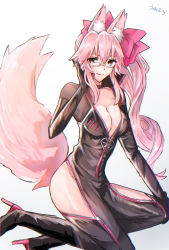 Rule 34 | 1girl, animal ear fluff, animal ears, black bodysuit, blush, bodysuit, bow, breasts, center opening, choker, cleavage, fate/grand order, fate (series), fox ears, fox girl, fox tail, glasses, hair between eyes, hair bow, high heels, highres, hip vent, koyanskaya (assassin) (first ascension) (fate), koyanskaya (fate), large breasts, long hair, looking at viewer, pink bow, pink hair, ponytail, sidelocks, simple background, smile, solo, tail, tamamo (fate), umimura, white background, yellow eyes
