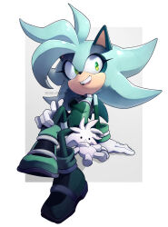 Rule 34 | 1girl, animal ears, artist name, border, crossed legs, deadl ine, detached sleeves, full body, furry, furry female, gloves, green eyes, green footwear, green leotard, green sleeves, green thighhighs, grey background, highres, iris the hedgehog, leotard, looking to the side, open mouth, original, shoes, simple background, sitting, solo, sonic (series), strapless, strapless leotard, stuffed animal, stuffed toy, teeth, thighhighs, upper teeth only, watermark, white border, white gloves