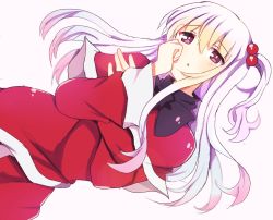 Rule 34 | 1girl, black bow, bow, capelet, commentary request, dress, grey hair, hair bobbles, hair ornament, long hair, long sleeves, lying, open mouth, purple eyes, red capelet, red dress, shinki (touhou), side ponytail, simple background, touhou, touhou (pc-98), white background, wide sleeves, zerokosan
