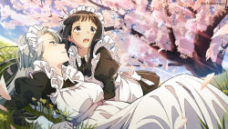 Rule 34 | 2girls, apron, black dress, black eyes, black hair, cherry blossoms, commentary request, day, dress, freckles, ichimi renge, juliet sleeves, light rays, long hair, long sleeves, looking at another, looking at viewer, lying, maid, maid headdress, multiple girls, on back, open mouth, original, outdoors, puffy sleeves, silver hair, smile, sunbeam, sunlight, tree, twitter username