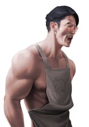 Rule 34 | 1boy, absurdres, apron, bara, black hair, facial hair, grey apron, highres, jiru (toys hobbye), large pectorals, male focus, muscular, muscular male, naked apron, nipples, open mouth, original, pectorals, short hair, simple background, solo, sunglasses, tinted eyewear, white background