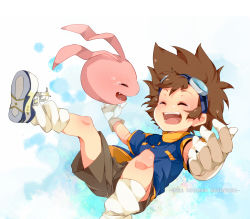 Rule 34 | 1boy, brown hair, copyright name, creature, digimon, digimon (creature), digimon adventure, closed eyes, falling, friends, gloves, goggles, happy, highres, koromon, laughing, male focus, open mouth, outstretched arms, shoes, socks, solo, tears, umiko (munemiu), white gloves, white socks, yagami taichi