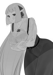 Rule 34 | 1girl, blush, bra, breasts, corset, crossed arms, curvy, dress, greyscale, highres, large breasts, long hair, long sleeves, looking at viewer, momoko (shoutao), monochrome, original, see-through, shoutao, solo, thick thighs, thighs, underwear, very long hair, wet, wet clothes, white background, wide hips