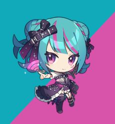 Rule 34 | 1girl, asymmetrical legwear, asymmetrical sleeves, bad id, bad twitter id, belt, belt bow, belt buckle, blue background, blue hair, bow, buckle, chibi, closed mouth, double bun, eyes visible through hair, garter belt, hair bow, hair bun, hair ornament, highres, key, keyhole, long sleeves, looking at viewer, mismatched sleeves, multicolored hair, nijisanji, nijisanji kr, pink background, pointing, purple eyes, short sleeves, sikugi, simple background, sleeves past fingers, sleeves past wrists, smile, solo, sparkle, streaked hair, thighhighs, uneven legwear, uneven sleeves, virtual youtuber, wiffy, wifi symbol