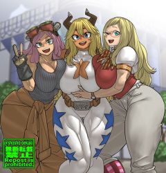 Rule 34 | 3girls, belt, blonde hair, blue eyes, boku no hero academia, bow, breast press, breasts, cleavage, cleavage cutout, clothing cutout, collarbone, glasses, gloves, goggles, goggles on head, green eyes, hatsume mei, highres, horns, huge breasts, looking at viewer, melissa shield, multiple girls, open mouth, original, pants, pink hair, short sleeves, shosho oekaki, smile, symbol-shaped pupils, tank top, thick thighs, thighs, unusual pupils, ushi walker (mha quest), v, vest, watch, wristwatch