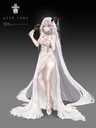 Rule 34 | 1girl, absurdly long hair, absurdres, aegir (azur lane), alcohol, azur lane, breast curtains, breasts, bride, character name, cosplay, cross, cross earrings, cup, demon horns, dress, drinking glass, earrings, full body, garter straps, gradient background, grey background, hair between eyes, hair on horn, hair ornament, hand on own chest, high heels, highres, holding, holding cup, horns, iron blood (emblem), jewelry, large breasts, long hair, multicolored hair, red hair, see-through, sleeveless, sleeveless dress, solo, streaked hair, taihou (azur lane), taihou (azur lane) (cosplay), taihou (temptation on the sea breeze) (azur lane), thighhighs, turboflower, two-tone hair, very long hair, wedding dress, white dress, white footwear, white garter straps, white hair, white thighhighs, wine, wine glass, yellow eyes