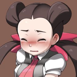 Rule 34 | 1girl, blush, brown hair, closed eyes, creatures (company), crying, face, game freak, gym leader, hair slicked back, long hair, necktie, nintendo, pokemon, refuto, roxanne (pokemon), simple background, solo, tears