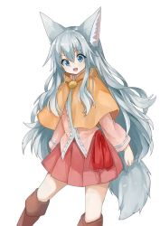 Rule 34 | 1girl, :d, animal ear fluff, animal ears, blue eyes, boots, brown footwear, capelet, commentary request, fox ears, fox girl, fox tail, highres, knee boots, long hair, long sleeves, open mouth, original, pink shirt, pink skirt, pleated skirt, sash, shirt, silver hair, simple background, skirt, smile, solo, tail, very long hair, waichi, white background