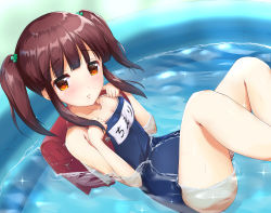 Rule 34 | 1girl, backpack, bag, blue one-piece swimsuit, brown eyes, brown hair, clover, competition school swimsuit, four-leaf clover, hair ornament, highres, idolmaster, idolmaster cinderella girls, idolmaster cinderella girls starlight stage, kuroba aki, name tag, ogata chieri, one-piece swimsuit, original, partially submerged, randoseru, school swimsuit, sitting, solo, swimsuit, twintails, wading pool, water