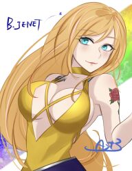 Rule 34 | 1girl, aqua eyes, artist name, blonde hair, breasts, cleavage, dress, fatal fury, garou: mark of the wolves, highres, jenet behrn, large breasts, lipstick, lipstick mark, long hair, looking at viewer, makeup, smile, snk, solo, arm tattoo, the king of fighters, the king of fighters xv