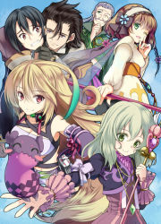 Rule 34 | 3boys, 3girls, ^ ^, alvin (tales), black gloves, black hair, blonde hair, bow, brown eyes, brown hair, clenched teeth, closed eyes, creature, cropped jacket, dress, elize lutus, closed eyes, flower, gloves, grabbing another&#039;s chin, gradient hair, green eyes, green hair, hair flower, hair ornament, hair ribbon, hairband, hand on another&#039;s chin, haru (arser doil), jewelry, jude mathis, leia rolando, long hair, milla maxwell, multicolored hair, multiple boys, multiple girls, one eye closed, pendant, red eyes, ribbon, rod, rowen j. ilbert, short hair, silver hair, smile, staff, tales of (series), tales of xillia, teepo (tales), teeth, wink