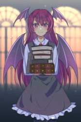 Rule 34 | 1girl, bat wings, black skirt, black vest, blush, book, book stack, breasts, closed mouth, collared shirt, demon tail, eyelashes, hair between eyes, head wings, highres, koakuma, long hair, long sleeves, looking at viewer, medium breasts, nayozane (worker7), necktie, one-hour drawing challenge, puffy sleeves, red eyes, red hair, red necktie, shirt, skirt, smile, solo, standing, tail, touhou, very long hair, vest, white shirt, window, wing collar, wings