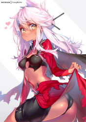 Rule 34 | 1girl, ass, breasts, cape, chloe von einzbern, clothes lift, dark-skinned female, dark skin, fate/kaleid liner prisma illya, fate (series), hair between eyes, hair ornament, hair stick, heart, hong (white spider), lifting own clothes, long hair, long sleeves, looking at viewer, medium breasts, navel, patreon username, pink hair, red skirt, skirt, skirt lift, solo, stomach tattoo, tattoo, waist cape, yellow eyes