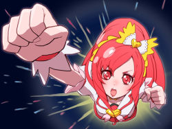 Rule 34 | 1girl, bad id, bad pixiv id, bow, brooch, clenched hands, cure ace, dokidoki! precure, foreshortening, from above, hair bow, heart, heart brooch, long hair, madoka aguri, magical girl, name connection, open mouth, parody, precure, pun, raised fist, red eyes, red hair, solo, tonami kanji, ultra series, ultraman ace, ultraman ace (series), wrist cuffs