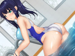 Rule 34 | 1girl, :o, ass, back cutout, blue hair, blush, breasts, caruta, clothing cutout, competition swimsuit, dutch angle, female focus, from behind, green eyes, groin, hair between eyes, hands up, high ponytail, highres, indoors, kiraware kyoushi no saimin takuran, large breasts, legs, looking at viewer, looking back, one-piece swimsuit, original, parted lips, partially submerged, ponytail, pool, pool ladder, shiny clothes, solo, standing, swimsuit, thighs, water, wet