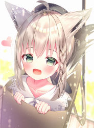 Rule 34 | 1girl, absurdres, aged down, animal ears, anzu yotsuba, bag, blush, braid, collarbone, commentary request, earrings, fox ears, fox girl, fox tail, green eyes, hair between eyes, heart, highres, hololive, in bag, in container, jewelry, light particles, long hair, looking at viewer, open mouth, pentagram, shirakami fubuki, shirakami fubuki (street), shirt, side braid, sidelocks, solo, tail, virtual youtuber, white hair, white shirt
