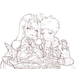 Rule 34 | 1boy, 1girl, arm around shoulder, bare shoulders, blonde hair, breasts, brown hair, chest jewel, cleavage, cleavage cutout, clothing cutout, detached sleeves, earrings, food, gem, gloves, headpiece, heart, highres, jewelry, large breasts, linzi, monochrome, mythra (xenoblade), nervous, nintendo, open mouth, plate, rex (xenoblade), sandwich, shirt, sketch, smile, swept bangs, tiara, white gloves, xenoblade chronicles (series), xenoblade chronicles 2, yellow eyes