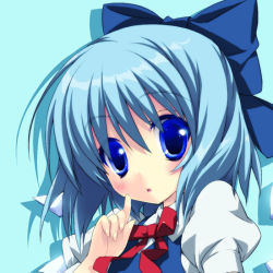 Rule 34 | 1girl, blue eyes, blue hair, blush, cirno, embodiment of scarlet devil, female focus, gotou nao, matching hair/eyes, ribbon, short hair, simple background, solo, touhou, upper body, wings