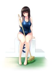 Rule 34 | 1girl, :o, absurdres, barefoot, black hair, blue one-piece swimsuit, blush, breasts, broom, brown eyes, cleavage, collarbone, commentary request, full body, highres, holding, holding broom, kotegawa yui, large breasts, long hair, looking at viewer, one-piece swimsuit, parted lips, realman, school swimsuit, simple background, sitting, solo, swimsuit, to love-ru, white background