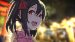Rule 34 | 10s, 1girl, black hair, close-up, hair ribbon, japanese clothes, kimono, looking at viewer, love live!, love live! school idol project, maru (maru1625), night, open mouth, outdoors, red eyes, ribbon, solo, summer festival, twintails, yazawa nico, yukata