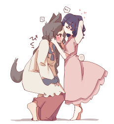 Rule 34 | !, 2girls, absurdres, age difference, animal ears, barefoot, black hair, blush, child, closed eyes, dress, floppy ears, full body, heart, highres, imaizumi kagerou, inaba tewi, kiss, kissing forehead, long hair, long sleeves, multiple girls, onee-loli, pink dress, pinup (style), rabbit ears, rabbit girl, rabbit tail, short hair, short sleeves, simple background, speech bubble, spoken exclamation mark, squatting, tail, takeyasu510, tiptoes, touhou, white background, white dress, wolf ears, wolf girl, wolf tail, yuri
