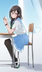Rule 34 | 1girl, :o, absurdres, black hair, black pantyhose, blue eyes, blue sailor collar, blue skirt, book, chair, commentary, curtains, desk, from side, glasses, green neckerchief, hair between eyes, hibike! euphonium, highres, holding, holding book, indoors, kitauji high school uniform, long hair, looking at viewer, neckerchief, ogura (sao no), on chair, over-rim eyewear, pantyhose, parted lips, pleated skirt, red-framed eyewear, sailor collar, school chair, school desk, school uniform, semi-rimless eyewear, serafuku, shadow, shirt, shoes, short sleeves, sitting, skirt, solo, summer uniform, tanaka asuka, uwabaki, watch, white shirt, window, wristwatch