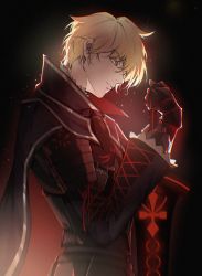 Rule 34 | 1boy, ahoge, alter servant, armor, arthur pendragon (fate), arthur pendragon alter (fate), black armor, black cape, blonde hair, cape, closed mouth, dark persona, excalibur (fate/prototype), expressionless, fate/prototype, fate (series), highres, holding, holding sword, holding weapon, light particles, long sleeves, looking at viewer, male focus, pinenutfish, platinum blonde hair, simple background, solo, sword, upper body, weapon, yellow eyes