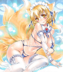 Rule 34 | 1girl, animal ears, artist name, at classics, bare shoulders, blonde hair, blush, breasts, closed mouth, collar, covered erect nipples, detached collar, detached sleeves, fox ears, fox tail, frilled collar, frilled sleeves, frilled thighhighs, frills, hair between eyes, hand on own arm, large breasts, long sleeves, looking at viewer, maid headdress, multiple tails, navel, sample watermark, short hair, sitting, smile, solo, stomach, tail, thighhighs, touhou, traditional media, watermark, white thighhighs, yakumo ran, yellow eyes, yokozuwari