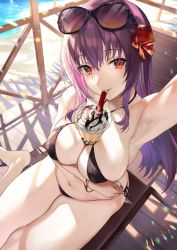 Rule 34 | 1girl, arm up, armpits, bare shoulders, beach chair, bikini, black bikini, blush, breasts, bubble tea, bubble tea challenge, cleavage, collarbone, cup, disposable cup, drinking straw, eyewear on head, fate/grand order, fate (series), flower, hair flower, hair ornament, hibiscus, highres, large breasts, long hair, looking at viewer, meme, navel, object on breast, purple hair, red eyes, sage joh, scathach (fate), selfie, sitting, smile, solo, sunglasses, swimsuit, thighs